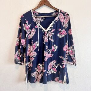 Lucky Brand Boho Paisley Peasant Top 2X Navy Pink Embroidered Crochet Cotton